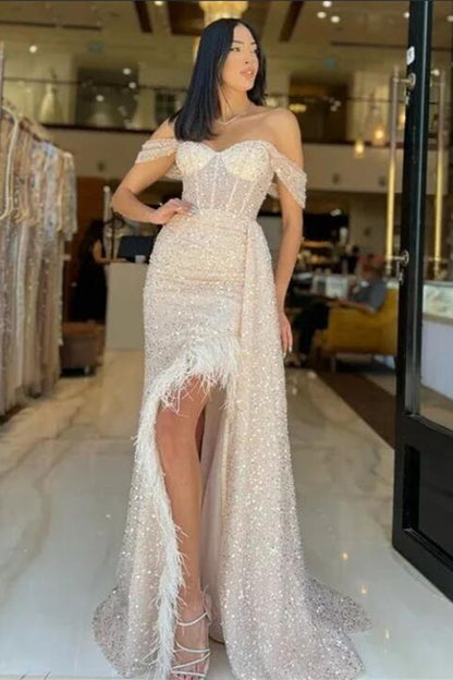 Charming Champagne Sequins Prom Dress With Feather Off-The-Shoulder ED0640