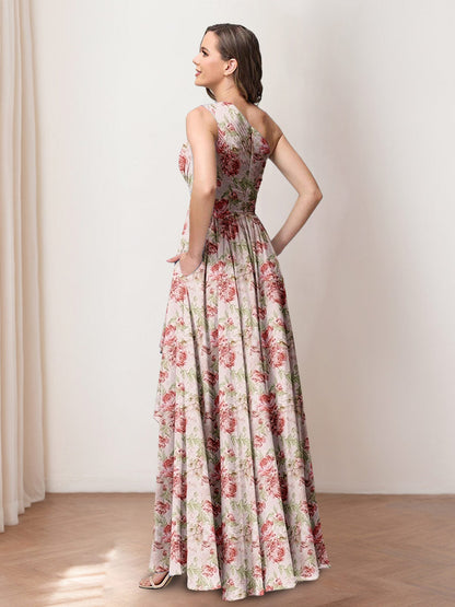 A-Line/Princess One-Shoulder Asymmetrical Printed Floral Bridesmaid Dresses with Ruffles