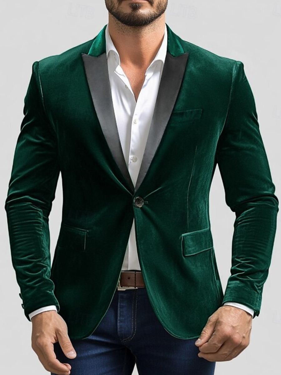 Green Men's Party Velvet Notched Neck Regular Single Breasted One-Button Blazer Jacket