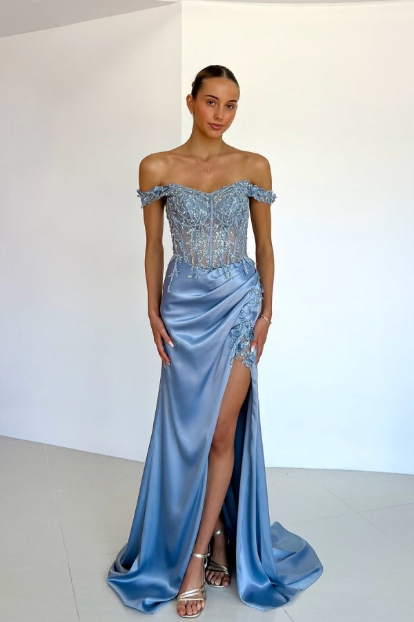 Light Blue Exquisite Embroidery Split Prom Dress ZT0455