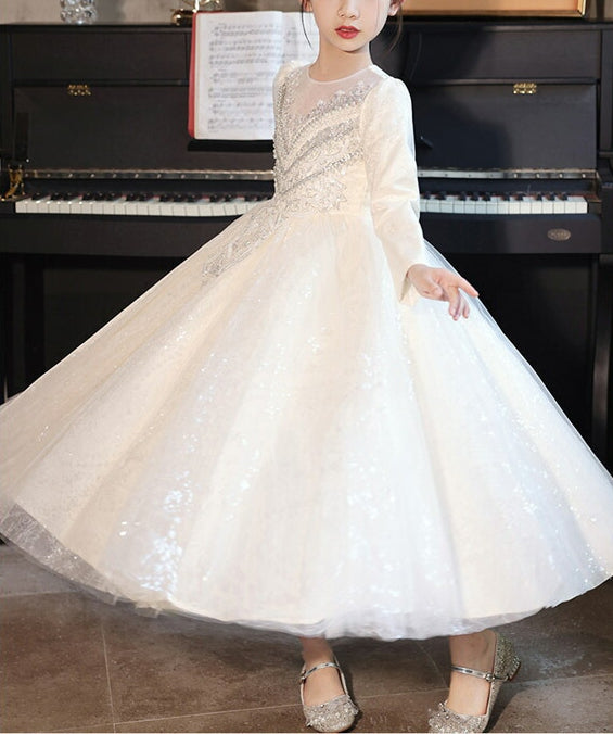 Ball Gown Round Neck Long Sleeves Flower Girl Dresses with Rhinestone Appliques