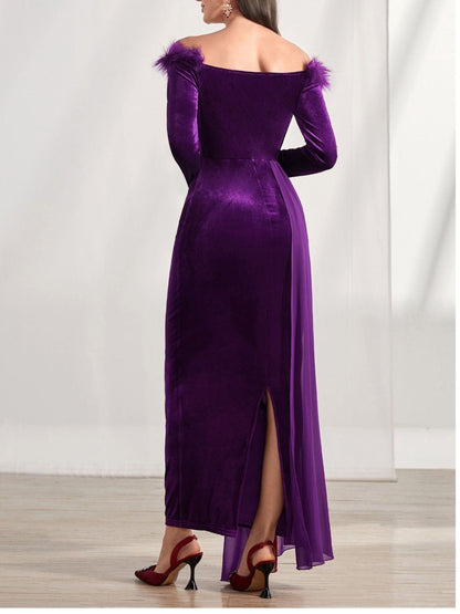 Sheath/Column Off-the-Shoulder Long Sleeves Asymmetrical Mother of the Bride & Groom Dresses with Feather