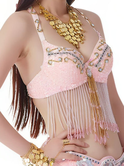 Sexy Belly Dancewear Halter Sequins Tassel Sleeveless Bra with Rhinestone & Beading