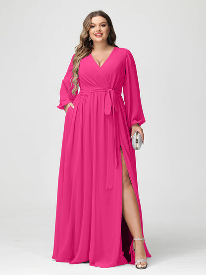 A-Line/Princess V-Neck Long Sleeves Chiffon Plus Size Bridesmaid Dresses with Pockets