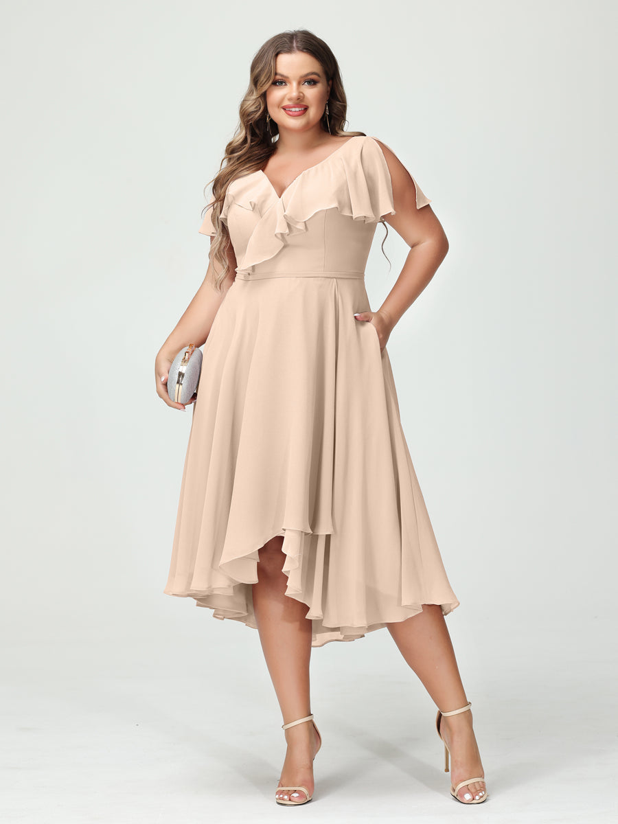 A-Line/Princess V-Neck Short Sleeves Chiffon High-Low Plus Size Bridesmaid Dresses with Pockets & Ruffles