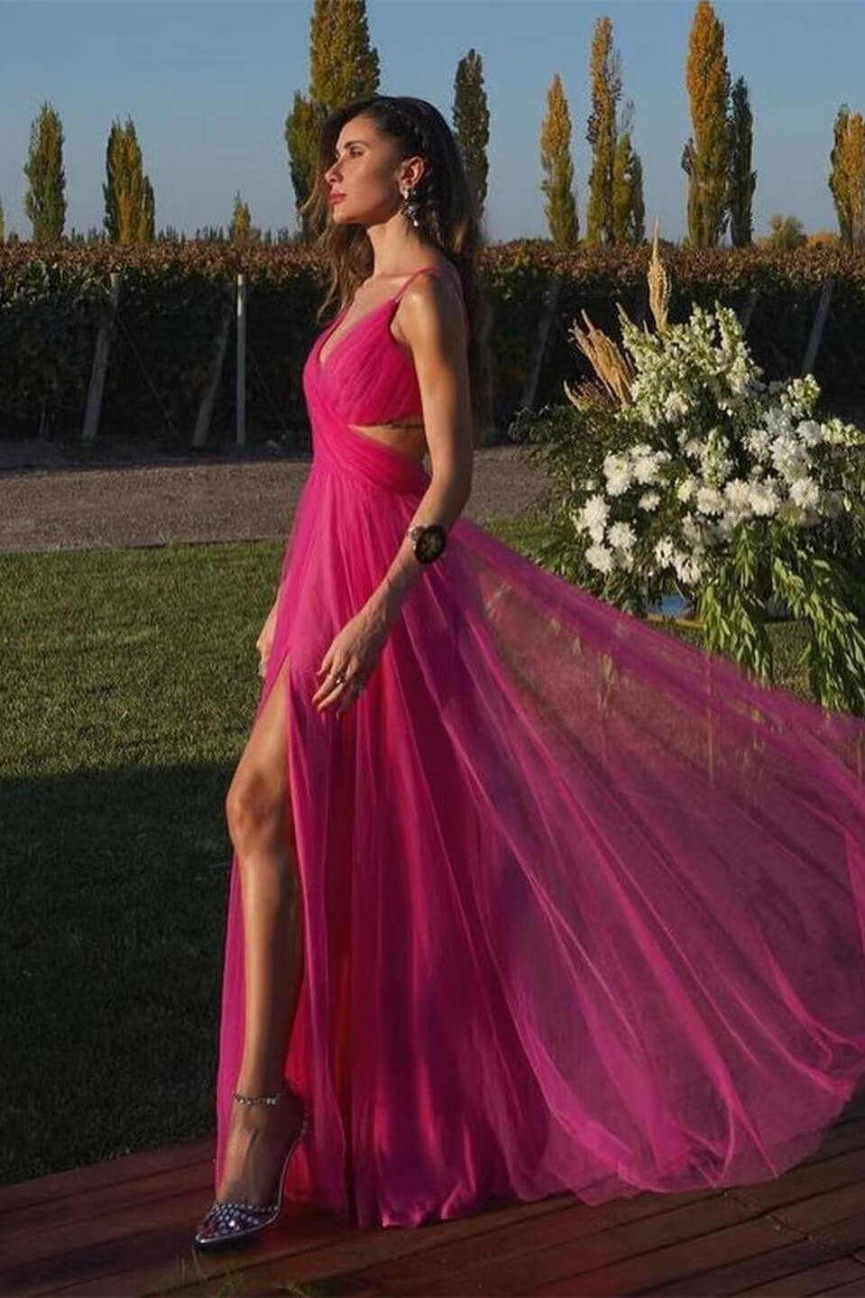 Fuchsia Spaghetti-Straps Tulle Prom Dress A Line With Split ED0135