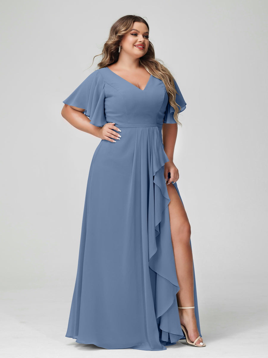 A-Line/Princess V-Neck Half Sleeves Chiffon Plus Size Bridesmaid Dresses with Split Side & Ruffles