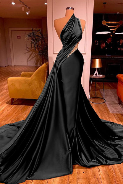 Okdais Elegant One Shoulder Prom Dress Long Mermaid Pleated Dress With Beads ED0018