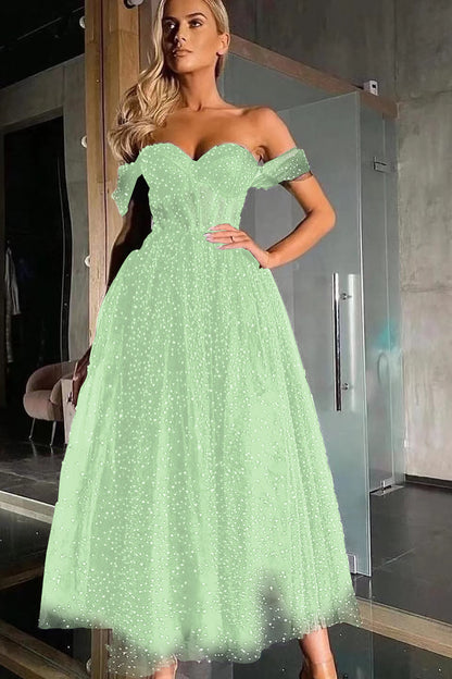 Black Off-The-Shoulder Sweetheart A-Line Beads Prom Dress With Tulle ED0266