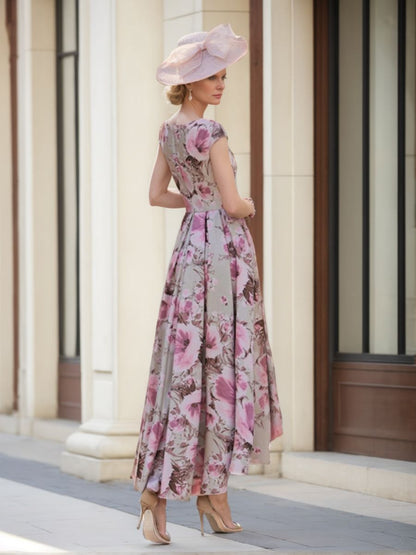 A-Line/Princess Scoop Neck Short Sleeves Printed Flower Mother of the Bride & Groom Dresses