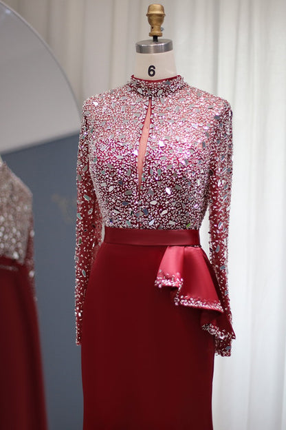 Edgynewlook Red Jewel Neck Mermaid Prom Dress Long Sleeves With Sparkle Sequins