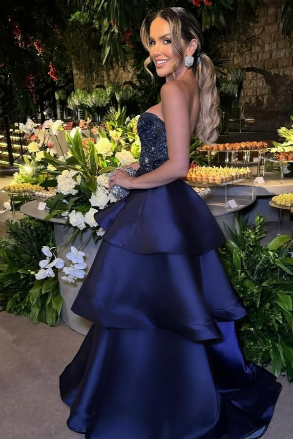 Dark Blue Embroidery Beadings Three-Layer Ruffles Strapless Prom Dress ZT0495