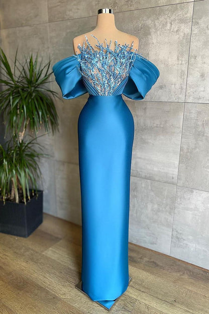 edgynewlook Stunning Blue Off the Shoulder Strapless Pleated Long Prom Dress with Beadings