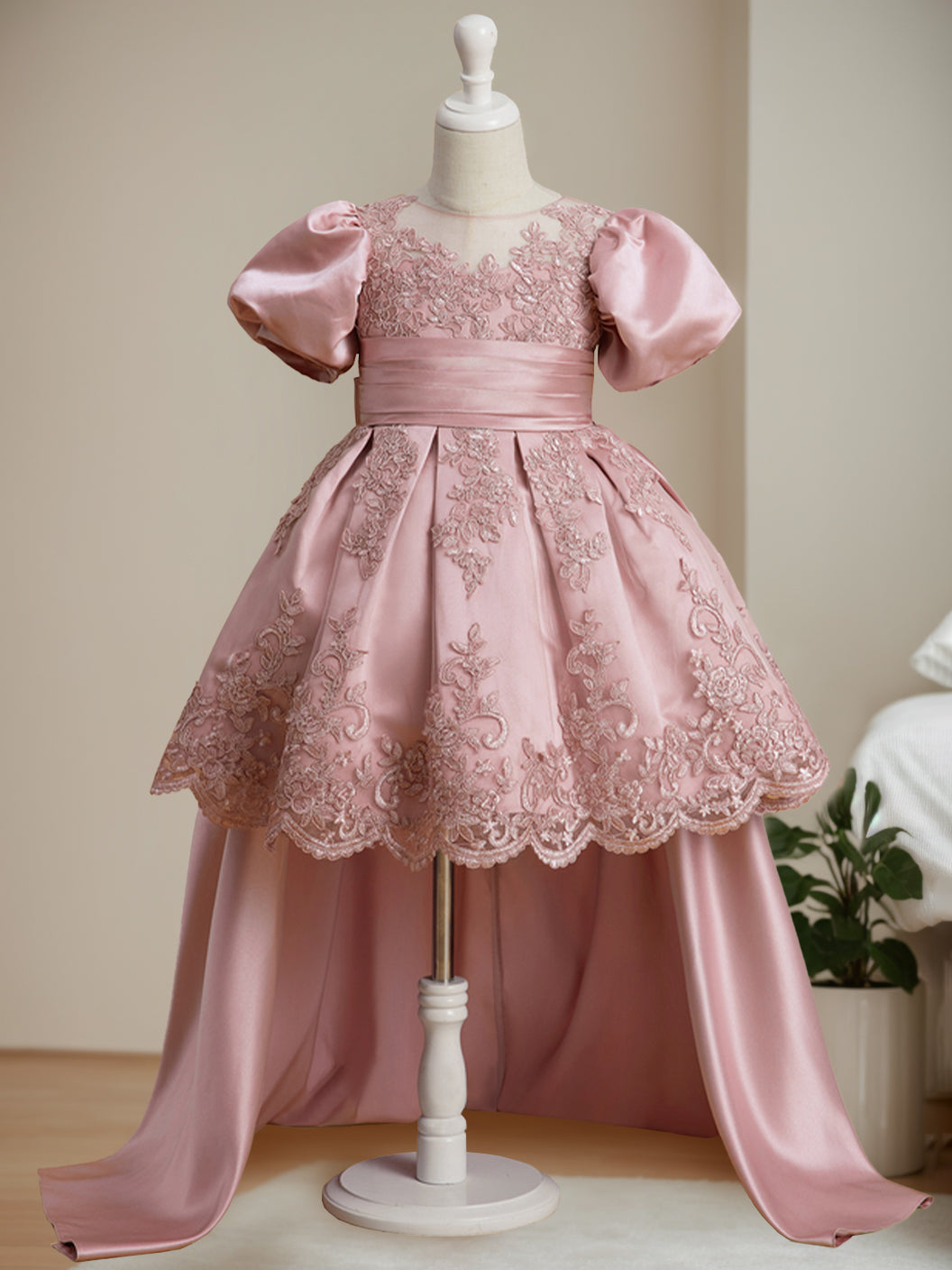 Ball-Gown Scoop Neck Short Sleeves Knee-Length Flower Girl Dress with Appliques