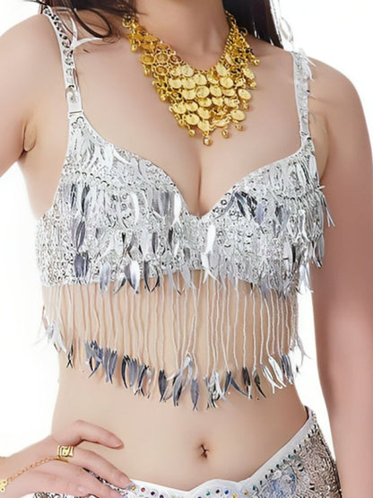 Belly Dancewear Chili Pepper Tassel Sleeveless Bra with Sequins & Beading