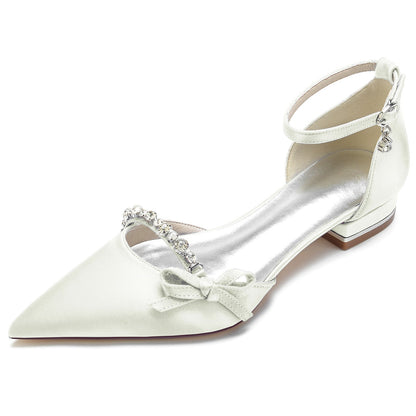 Women's Wedding Shoe Crystal Bow Silk Satin Pointed Toe Low Buckle Bridal Shoes