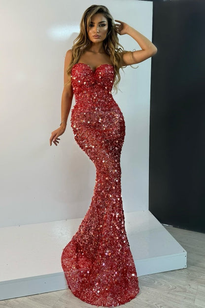 Charming Red Big Sequins Strapless Mermaid Prom Dress ZT0201