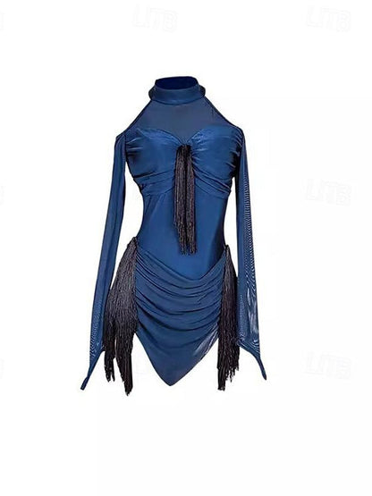 Latin Dance Dress Tassel Splicing Women's Performance Training Long Sleeve Polyester Mesh Spandex