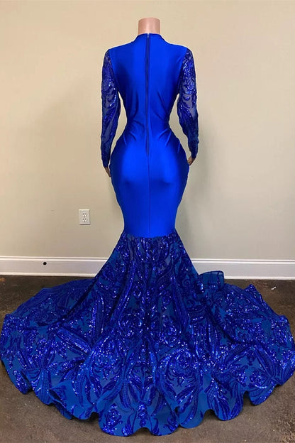 Royal Blue Sequins Prom Dress Mermaid Long Sleeves PD0577