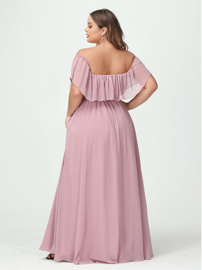 A-Line/Princess Off-the-Shoulder Short Sleeves Chiffon Plus Size Bridesmaid Dresses with Pockets & Split Side