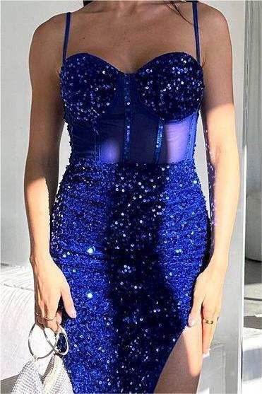 edgynewlook Exquisite Sequins Royal Blue Spaghetti Strap Sleeveless Prom Dress with Beadings