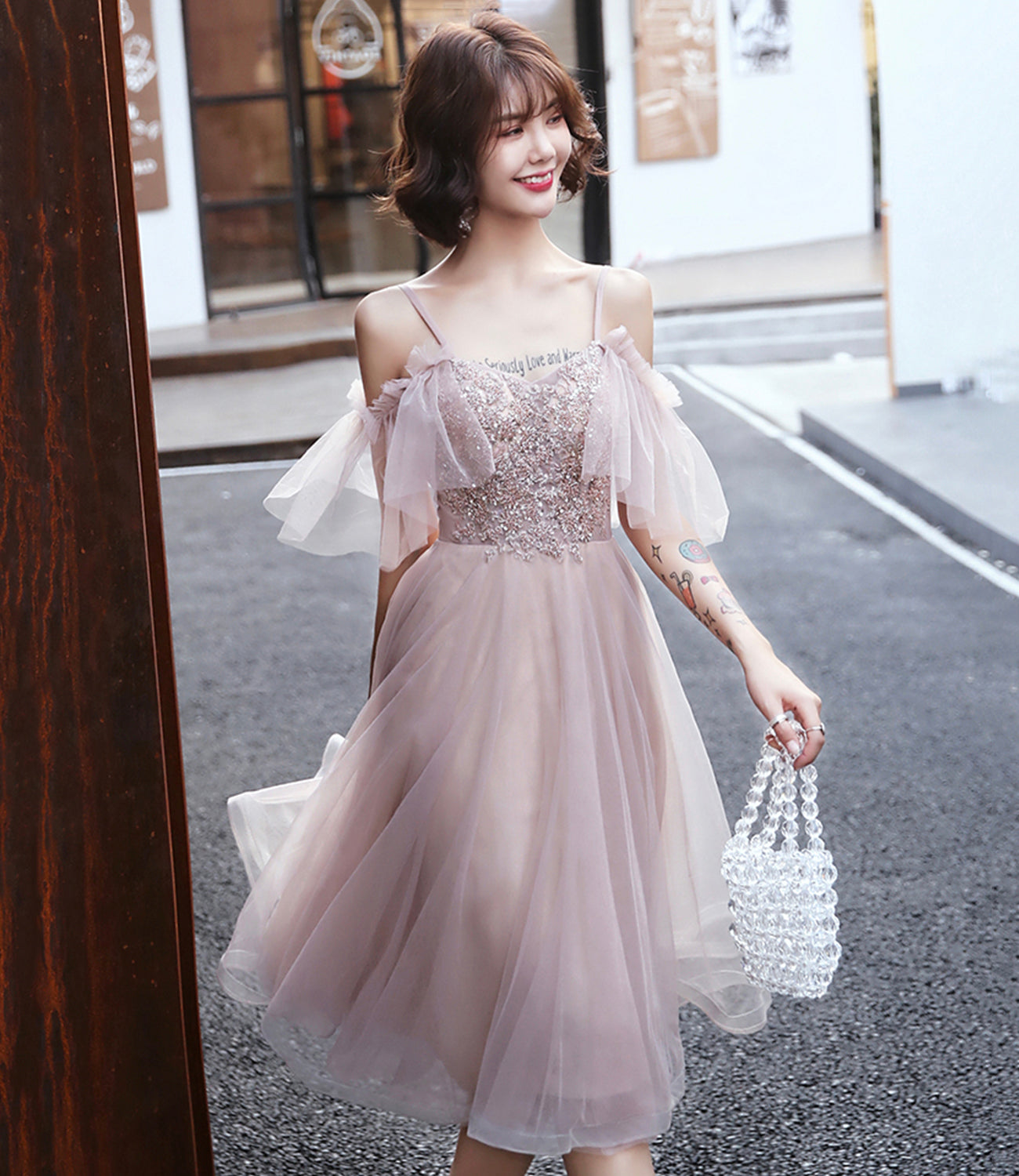 Pink tulle lace short prom dress homecoming dress  8851