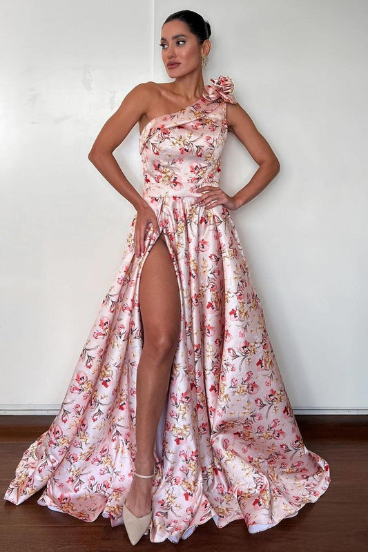 edgynewlook Glamorous Satin Print Sleeveless One Shoulder Split Prom Dress with Flowers