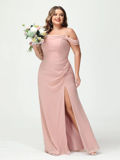 Sheath/Column Spaghetti Straps Off-the-Shoulder Chiffon Split Side Plus Size Bridesmaid Dresses