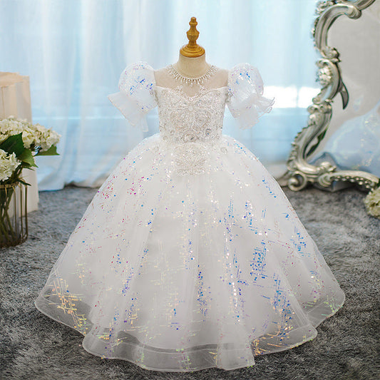 Beading Round Neck Ball Gown Short Sleeves Girl Party Dress with Crystal Appliques