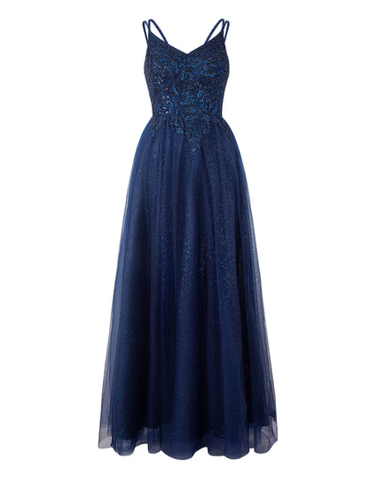 Emily Navy Blue | A-line Floor Length Glitter Tulle Prom Dress