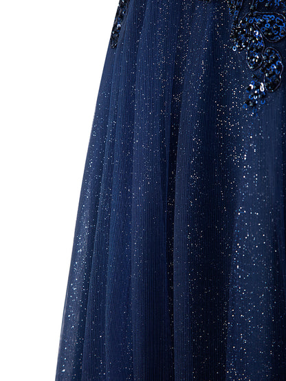 Emily Navy Blue | A-line Floor Length Glitter Tulle Prom Dress