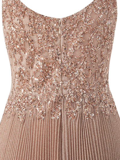 Elizabeth | Rose Pink A-line Floor Length Glitter Jersey Prom Dress with Appliques and Sequins