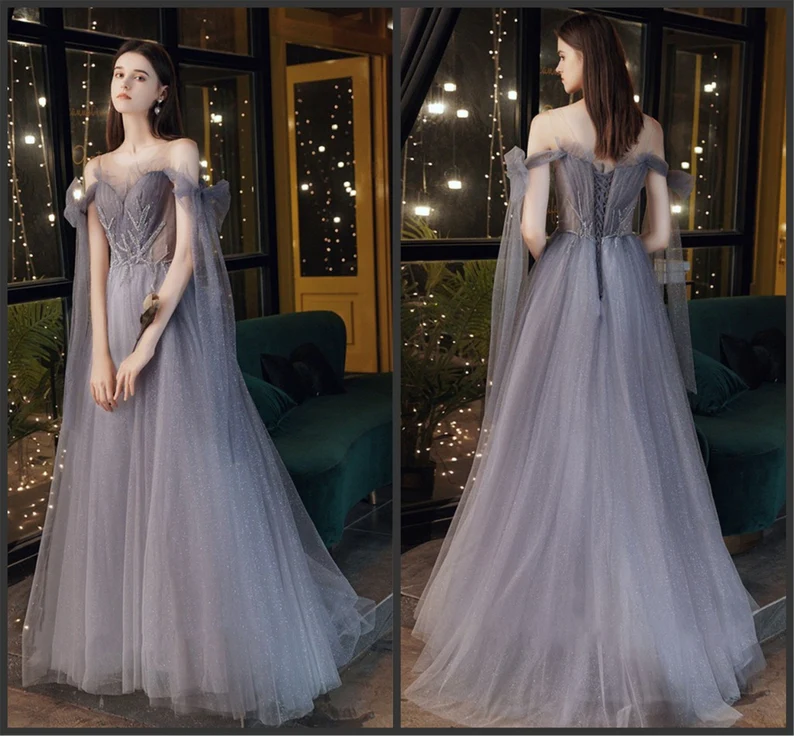 Gray Blue Prom Dress Stunning Glitter Tulle Bridesmaid Dress Long Tulle Sleeves Graduation Dress Illusion Evening Dress Floor Length gh2232