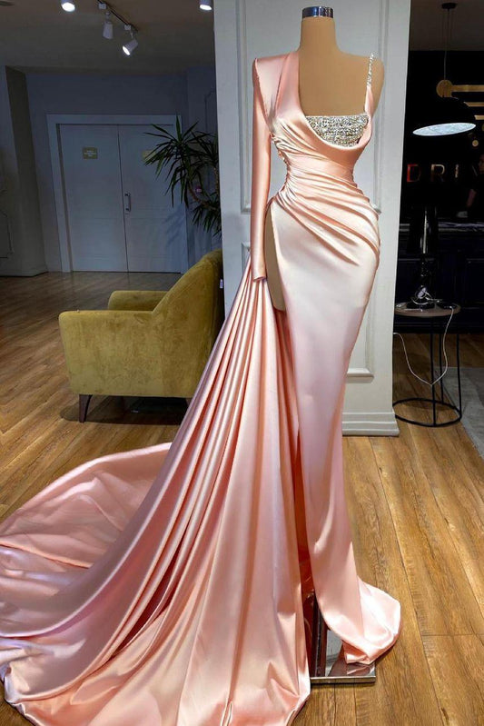 edgynewlook Stunning Pink Satin One Shoulder Long Sleeves Pleated Prom Dress with Beadings