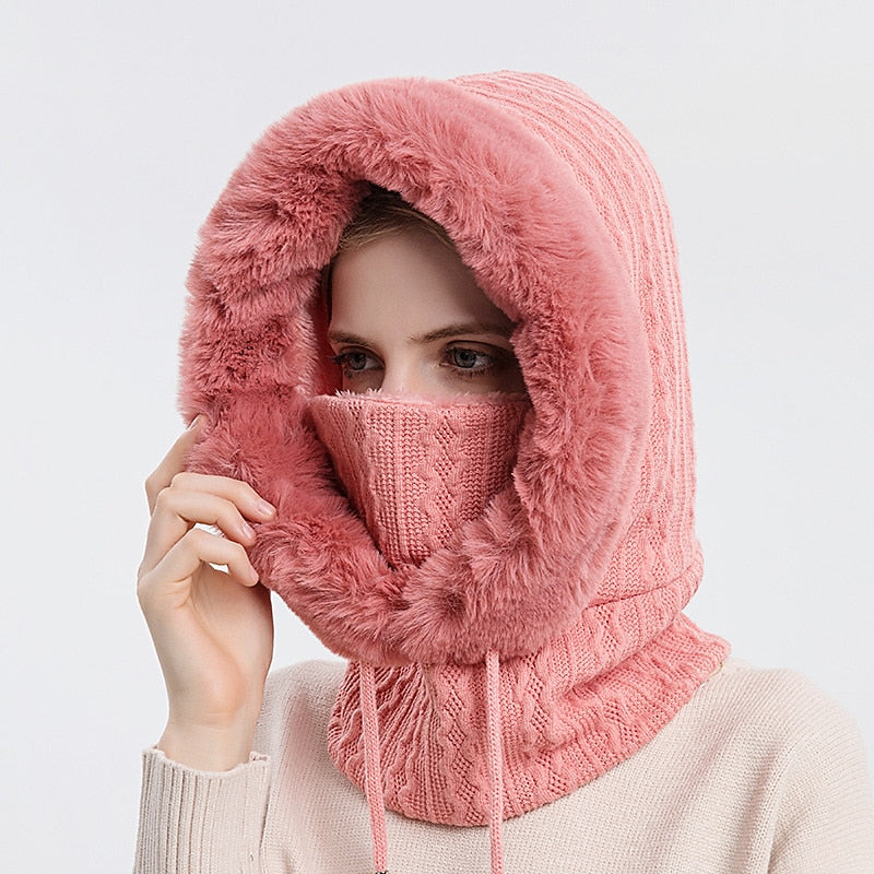 Women's High Quality Winter Hooded Knitted Cashmere Neck Warm Outdoor Ski Windproof Hat Thick Plush Fur Cap Mask Set