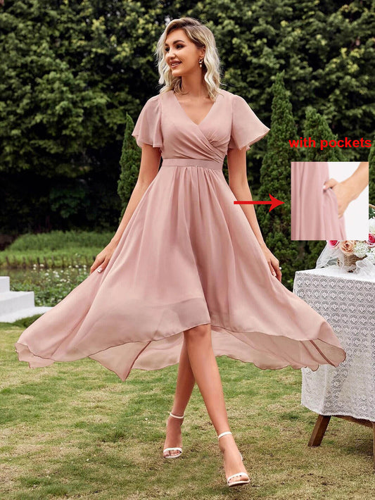 Fashion V Neck Homecoming Dress Short Sleeve Prom Dress YMS172