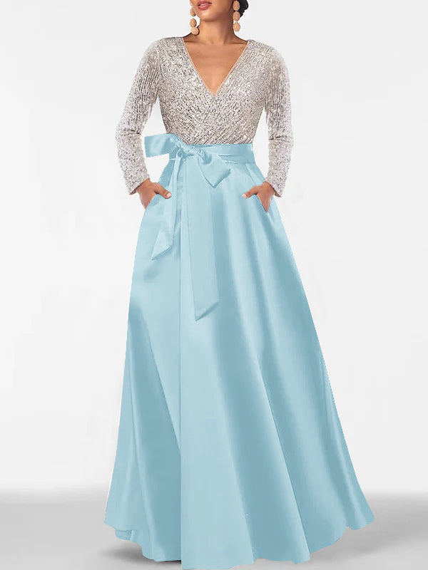 A-Line/Princess V-Neck Long Sleeves Floor-Length Mother of the Bride Dresses With Pocket & Sequins