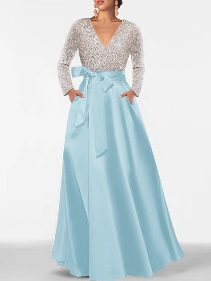 A-Line/Princess V-Neck Long Sleeves Floor-Length Mother of the Bride Dresses With Pocket & Sequins