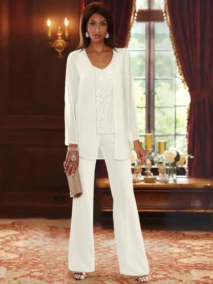 Chiffon V-Neck Floor-Length 3 Pieces Mother of the Bride Pantsuits with Jacket & Sequins