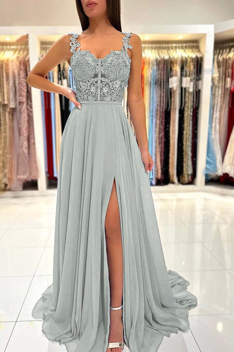 Baby Blue Sweetheart A Line Lace Long Prom Dress With Slit YL0034