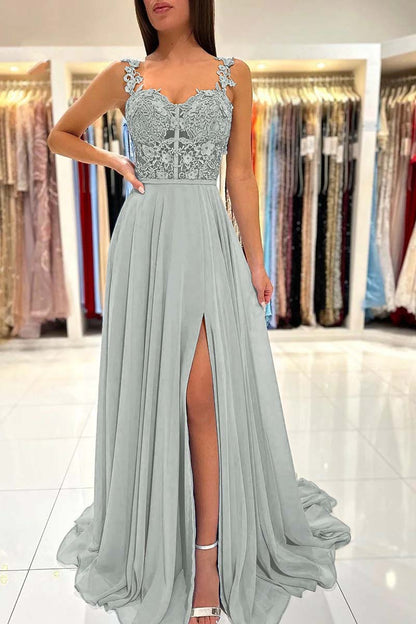 Baby Blue Sweetheart A Line Lace Long Prom Dress With Slit YL0034