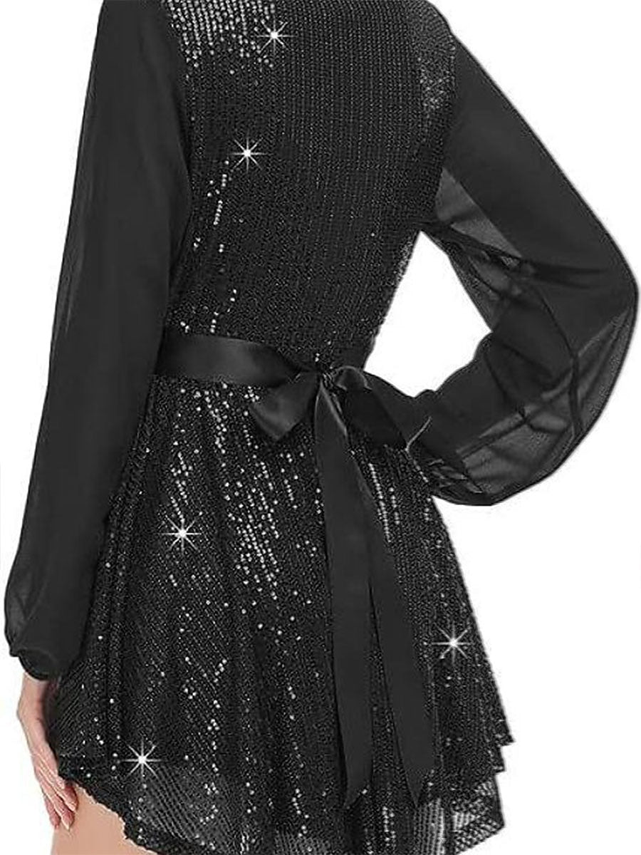 Women's Vintage Dresses Sequin Dress  V Neck Long Sleeve Mini Dress