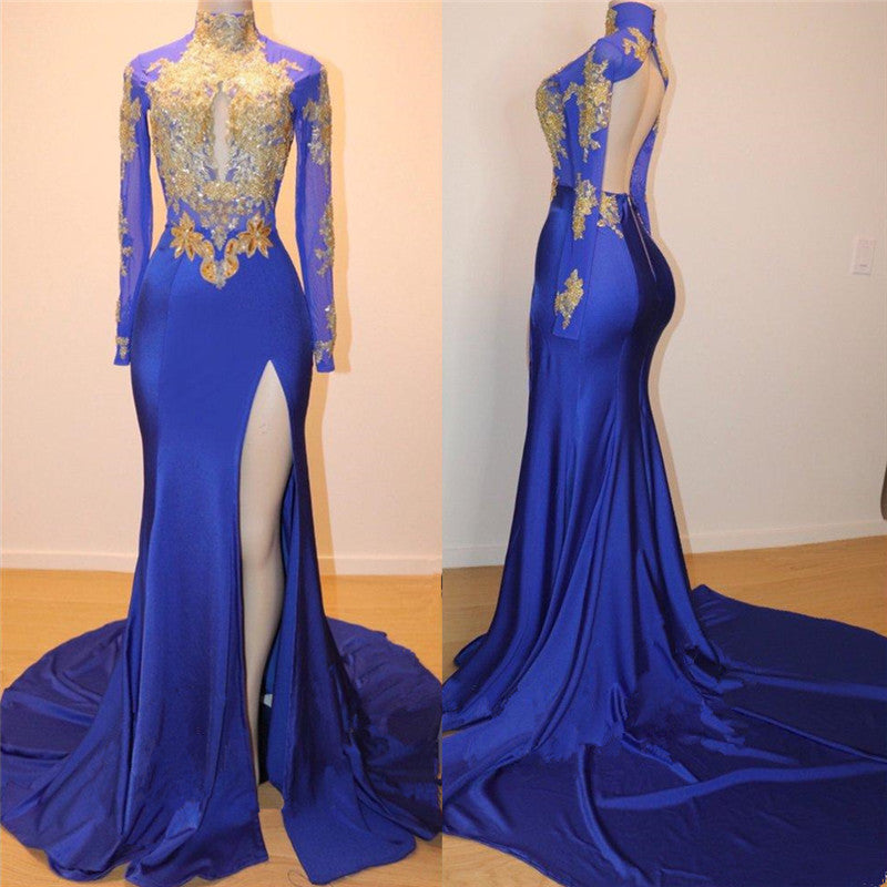 Long Sleeves Royal Blue Prom Dress Slit PD024