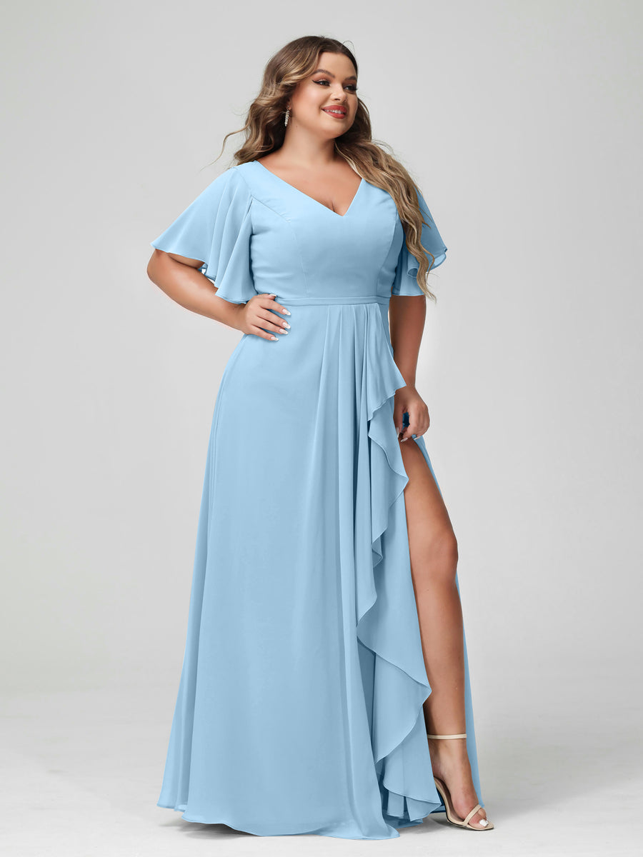 A-Line/Princess V-Neck Half Sleeves Chiffon Plus Size Bridesmaid Dresses with Split Side & Ruffles