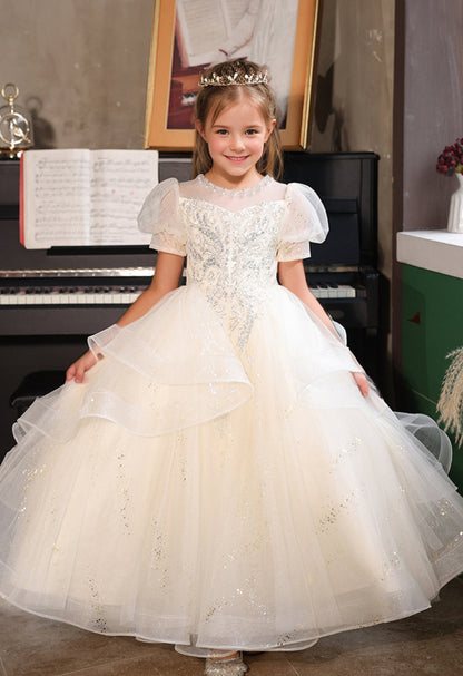 Short Sleeves A-Line/Princess Flower Girl Party Dress with Rhinestone Appliques