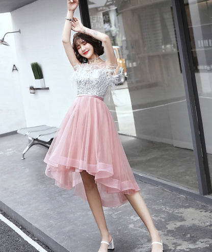 Unique tulle sequins prom dress high low evening dress  8412