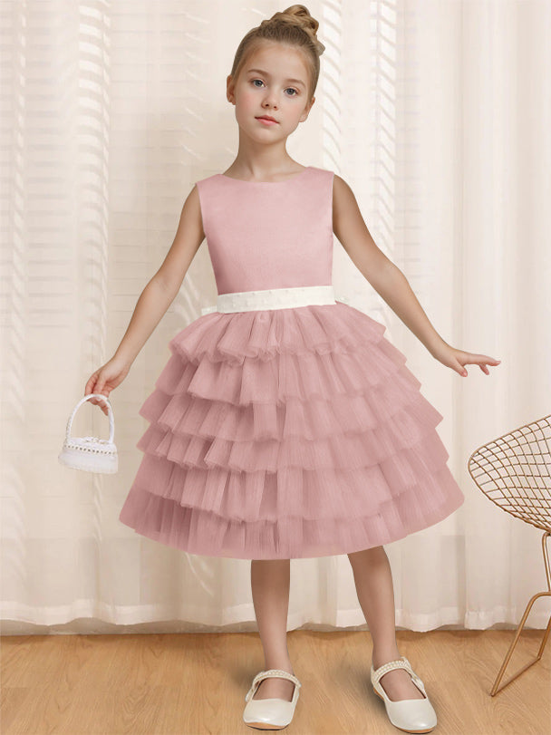 Ball-Gown Round Neck Sleeveless Knee-Length Flower Girl Dress with Ruffles & Bowknot