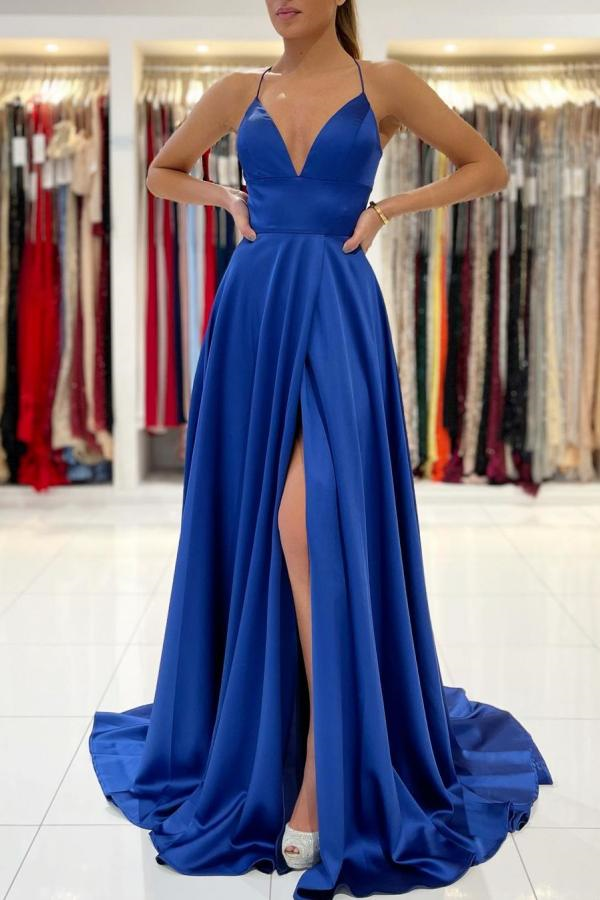 Royal Blue Spaghetti Strap V-Neck Prom Dress With Slit PD037