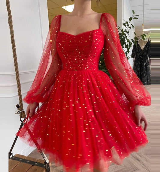 Red tulle short prom dress with long sleeve cocktail dress  8980