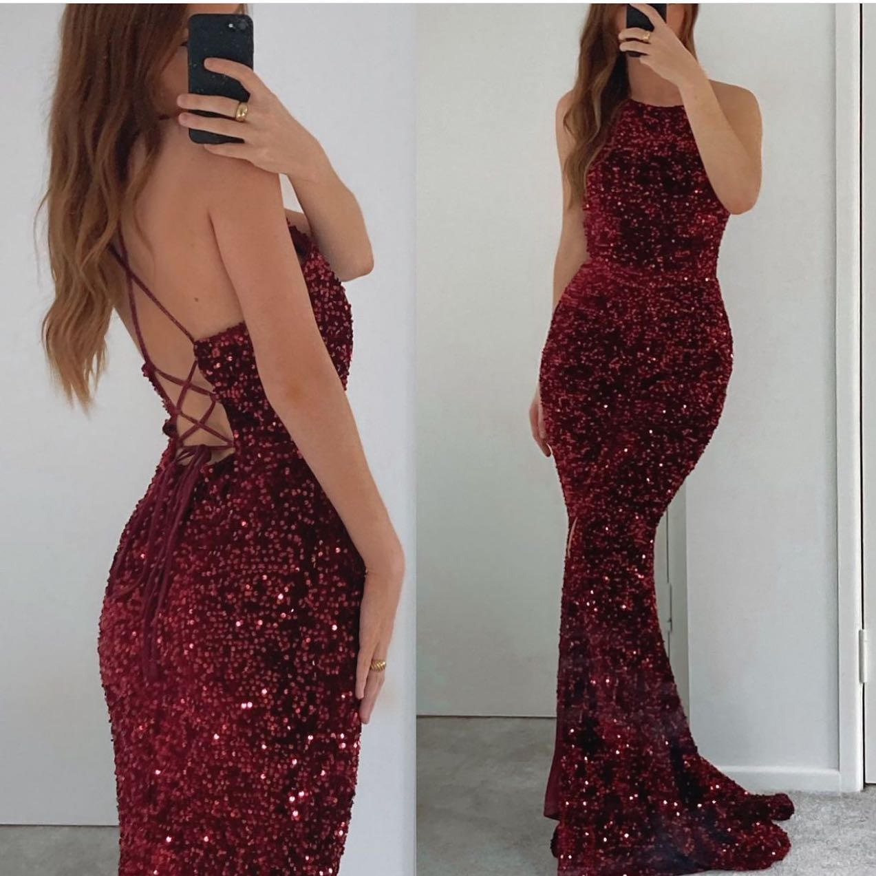 Burgundy Sleeveless Mermaid Prom Dress With Sequins PD0892